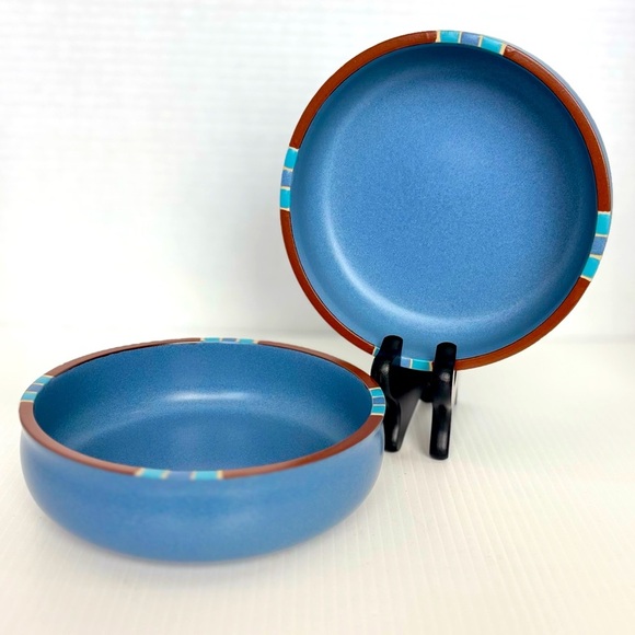 Dansk Mesa Soup Cereal Bowl 6" Sky Blue Stoneware Pottery Brown Rim Lot of 2 - Picture 1 of 6